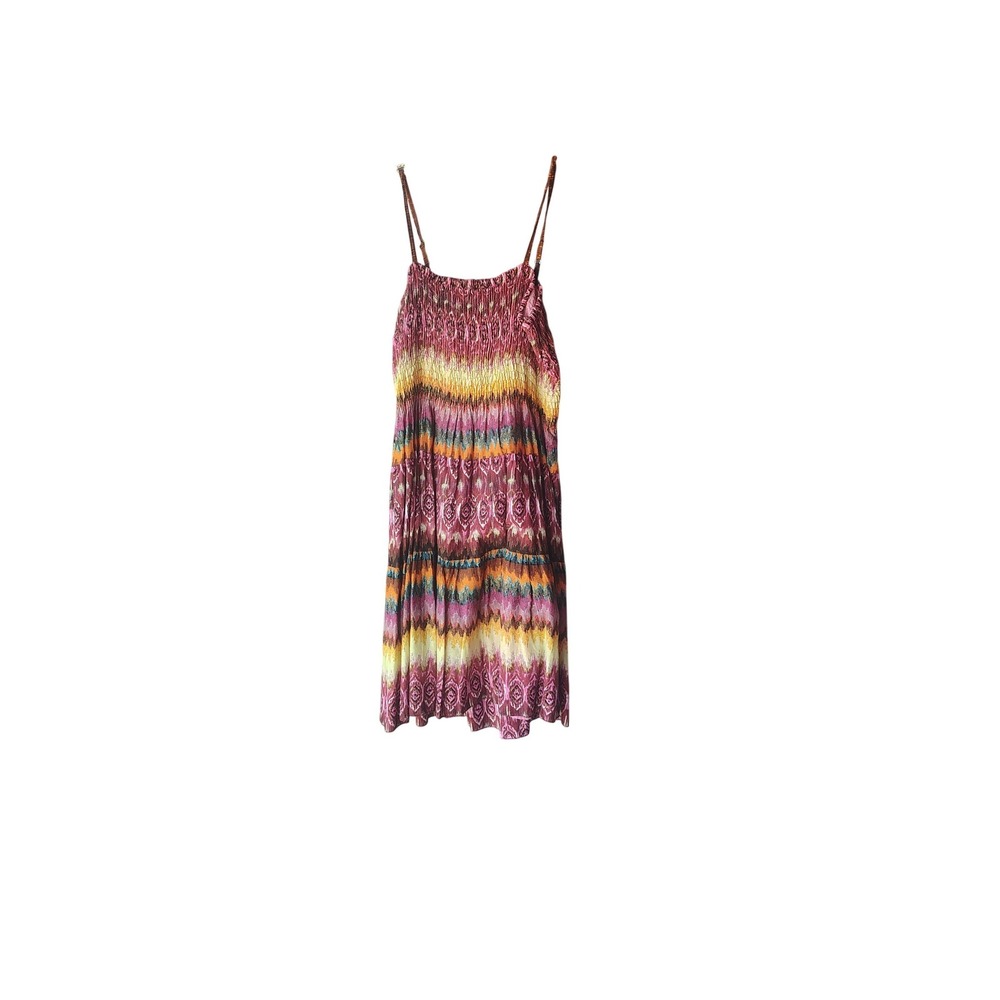 Pink Apple Women‎ Boho Ikat Print Smocked Cotton Sun Dress Pink Orange Yellow L